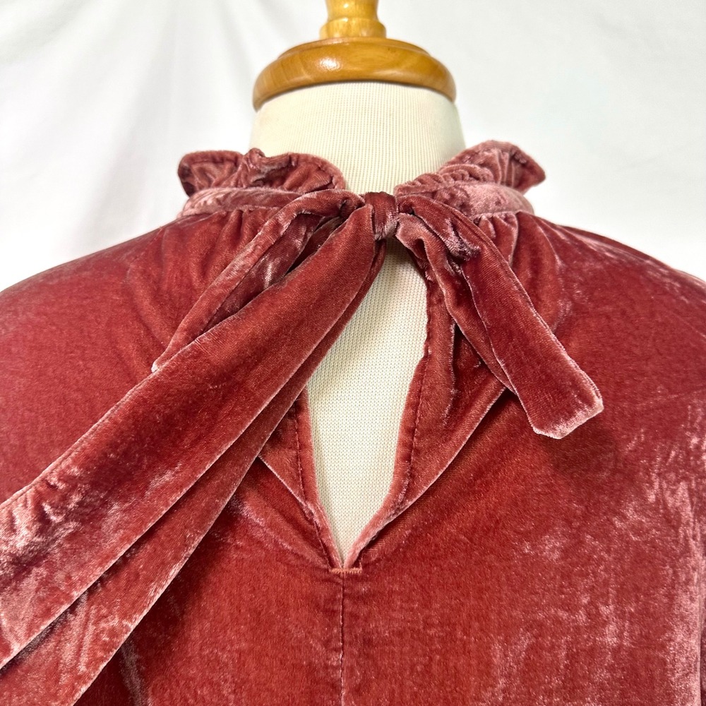 TROVATA BIRDS OF PARADIS Pink Velvet Ruffle Neck Bow Blouse M Balloon Sleeve - Picture 5 of 7
